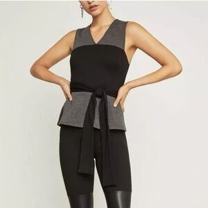BCBGMaxAzria Waist Tie Ponte Top Black & Grey Stretchy Knit Sleeveless Top